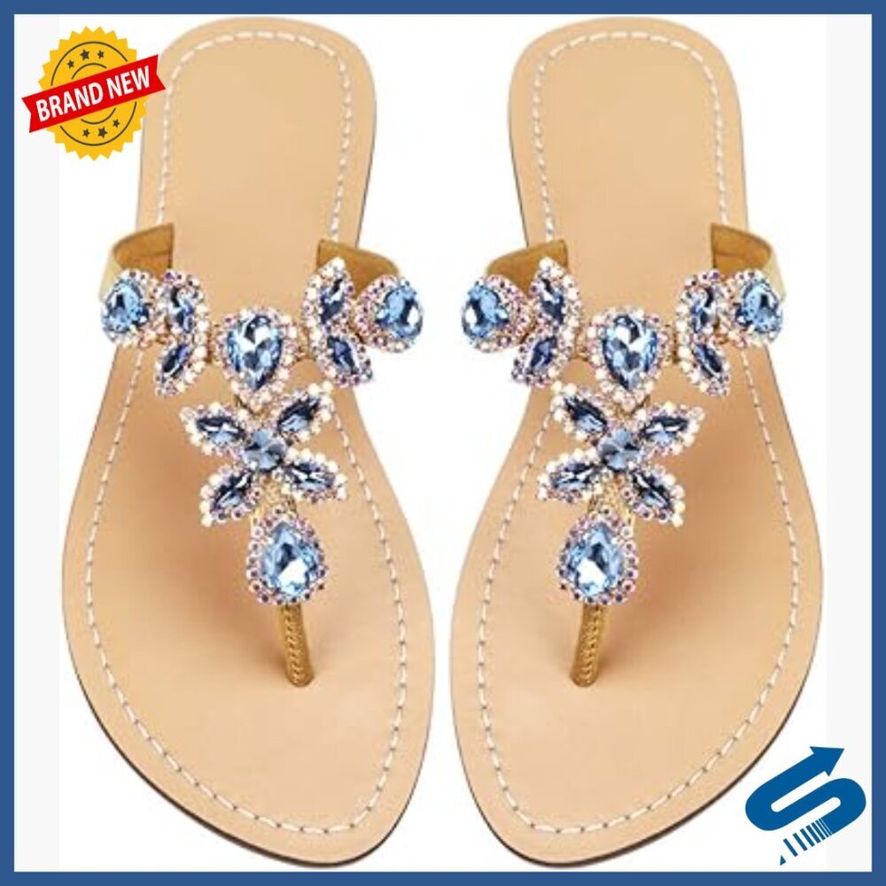 Rhinestone T-Strap Flat Sandals, Bohemian Flip Flops, Wedding Beach Shoes